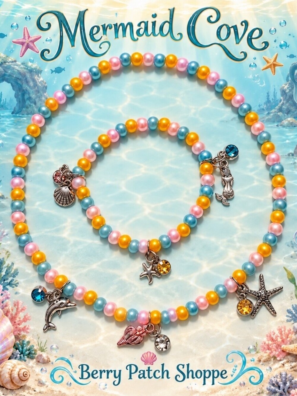 Mermaid Cove Starfish Seashell Dolphin Bracelet Necklace Jewelry Accessory Set